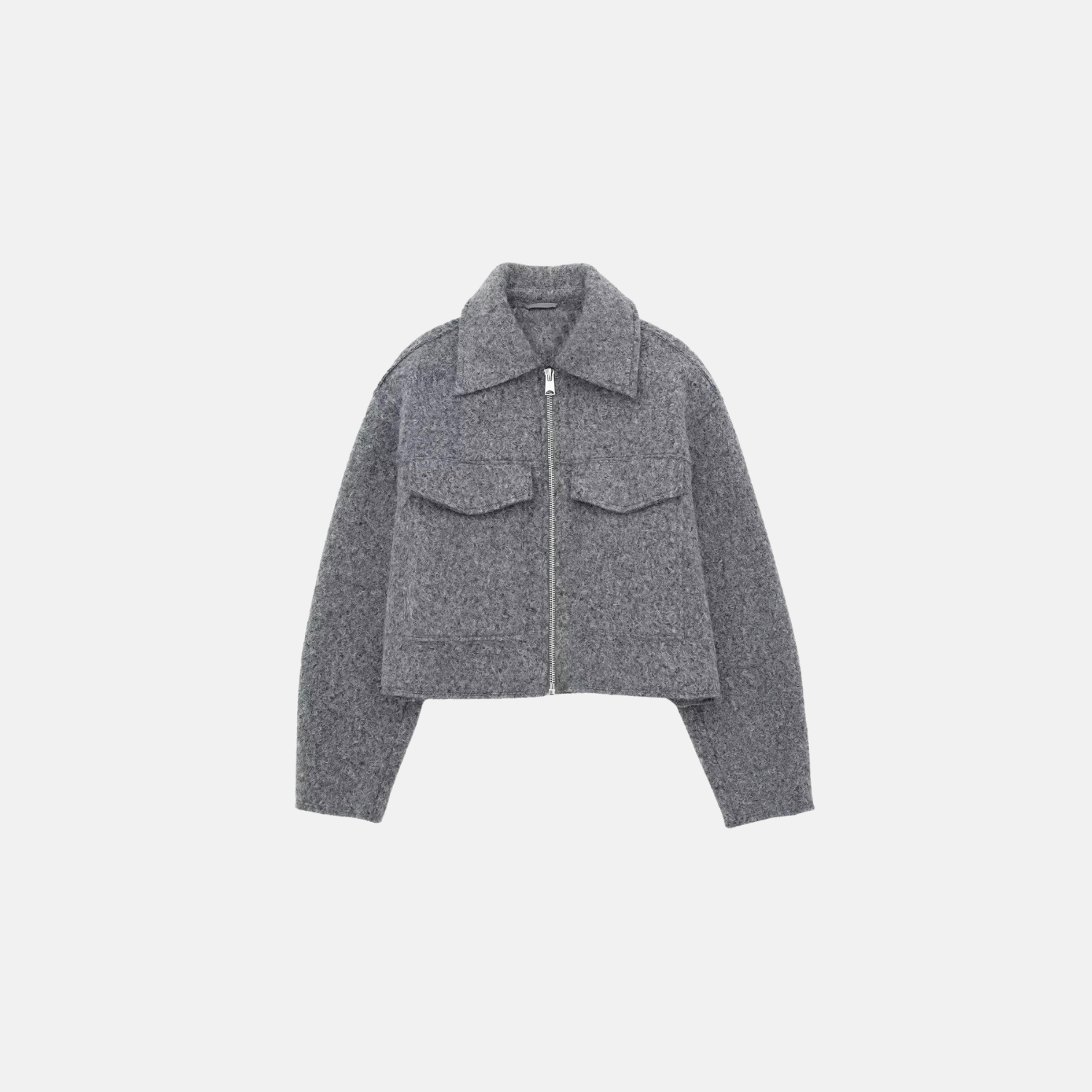 Jaqueta Cropped Feminina de Lã com Zíper Frontal e Bolsos Utilitários Cinza – Favier