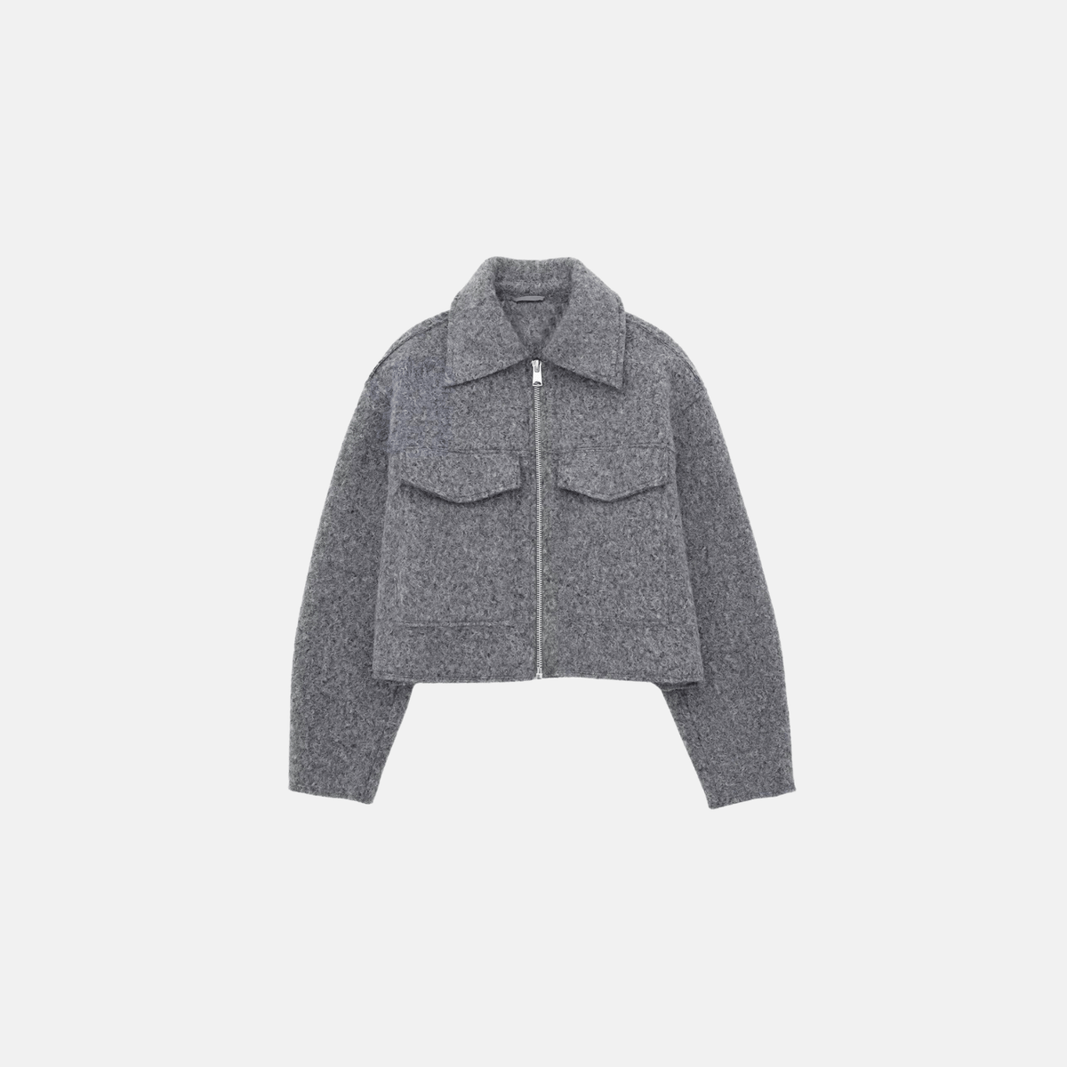 Jaqueta Cropped Feminina de Lã com Zíper Frontal e Bolsos Utilitários Cinza – Favier