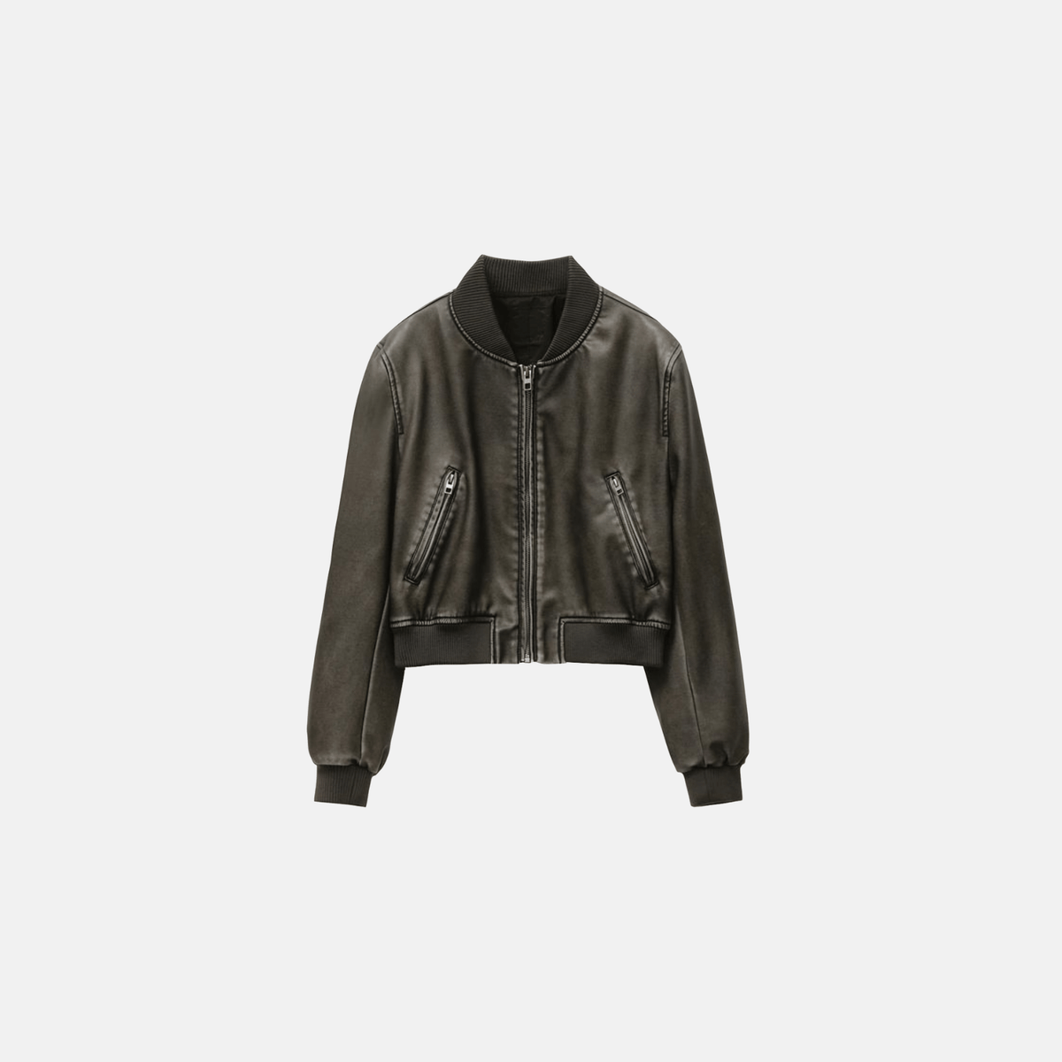 Jaqueta Feminina Bomber Cropped em Couro Sintético Preto com Zíper – Megane