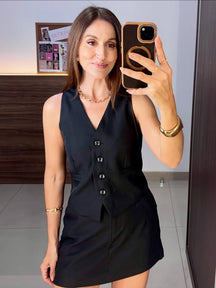 Conjunto Colete e Short/Saia Em viscose e linho com elastano