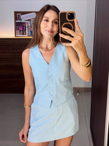 Conjunto Colete e Short/Saia Em viscose e linho com elastano