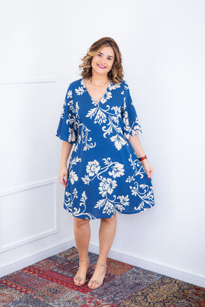 Vestido Sabrina - Decote V Manga Morcego em Viscolinho