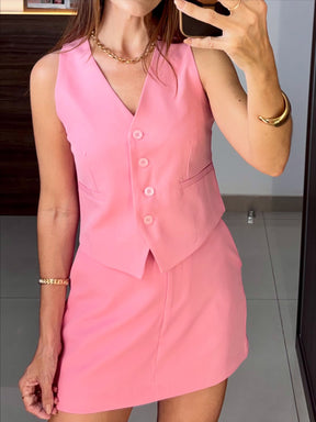 Conjunto Colete e Short/Saia Em viscose e linho com elastano