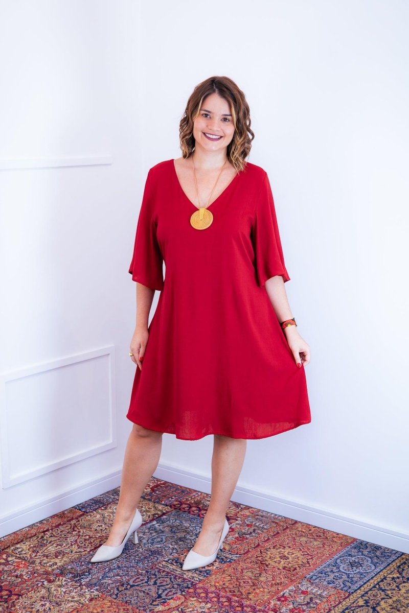 Vestido Sabrina - Decote V Manga Morcego em Viscolinho