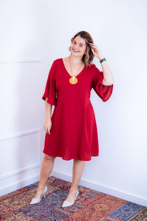 Vestido Sabrina - Decote V Manga Morcego em Viscolinho